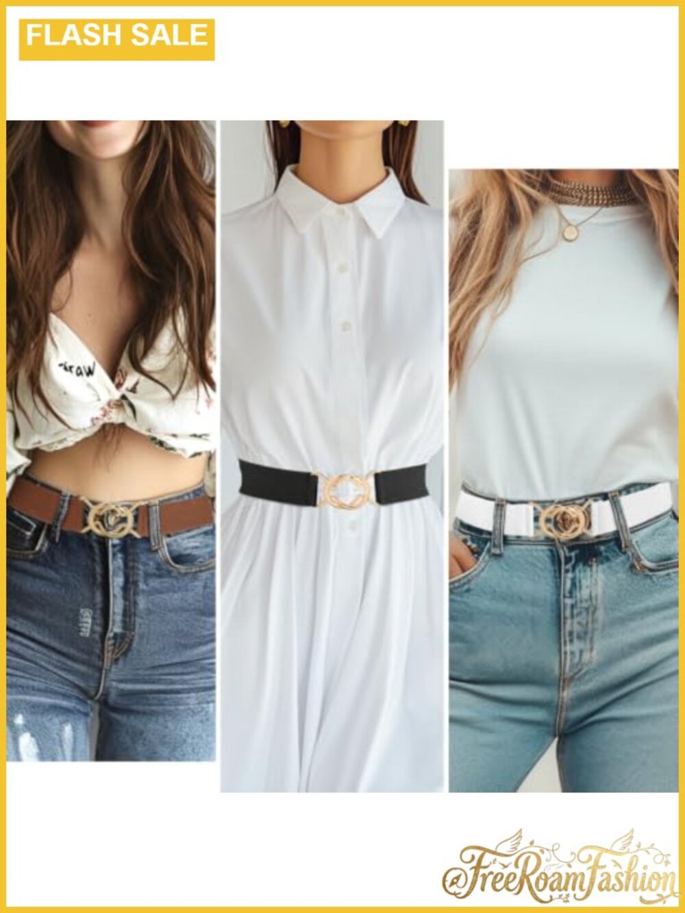 Women's Elastic Stretch Belts with Gold Buckle Adjustable Waist Set of 3 - Picture 4 of 5
